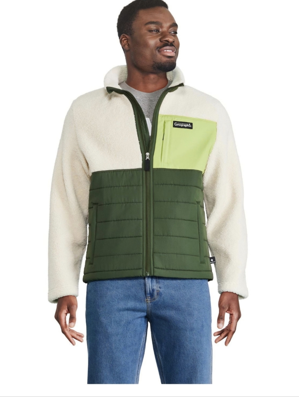 Canadiana X RCGS Color block Sherpa Fleece Full Zip Jacket - Olive, Cream & Lime